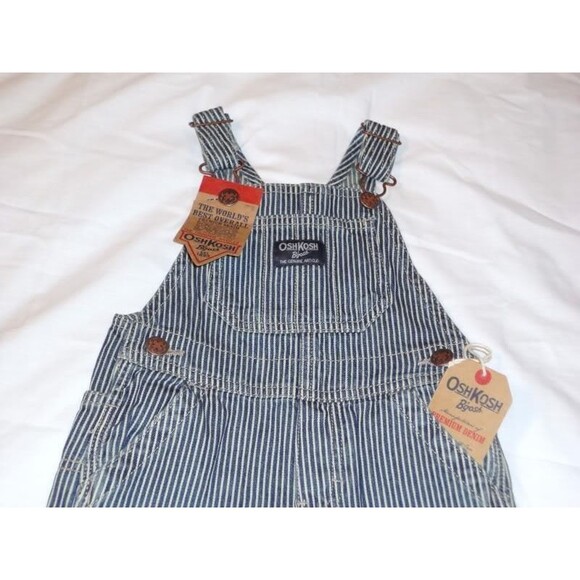 Boy OshKosh One Piece stripe overall conductor bib Jeans 9 M Months New Baby - Picture 2 of 5